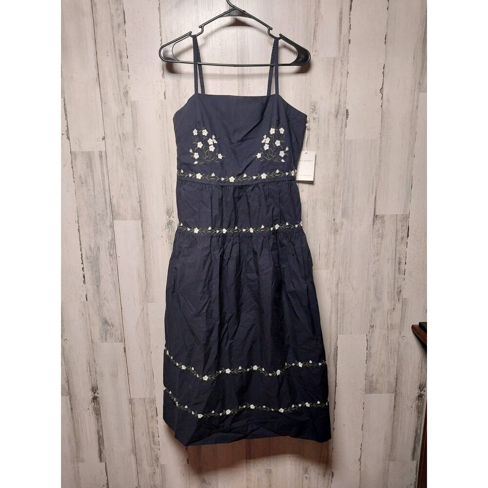 Free Assembly Embroidered Flowers Midi Strappy Dress Dark Navy M (8-10), NWT